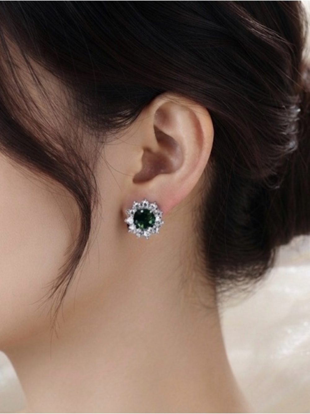 Sterling Silver Emerald Green Halo Stud Earrings